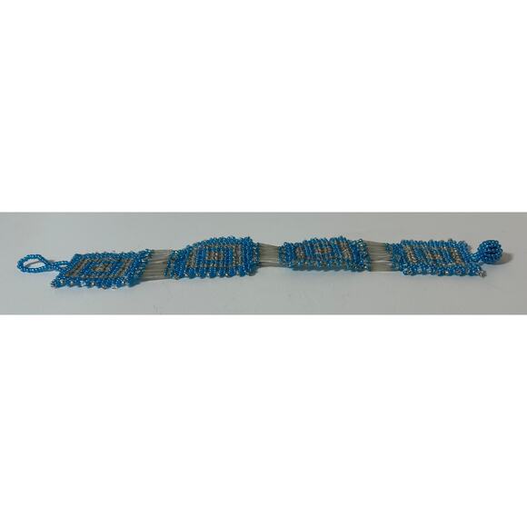 Handmade Blue Silver Seed Bead Woven Bracelet 8.25" Geometric Squares - Picture 2 of 5